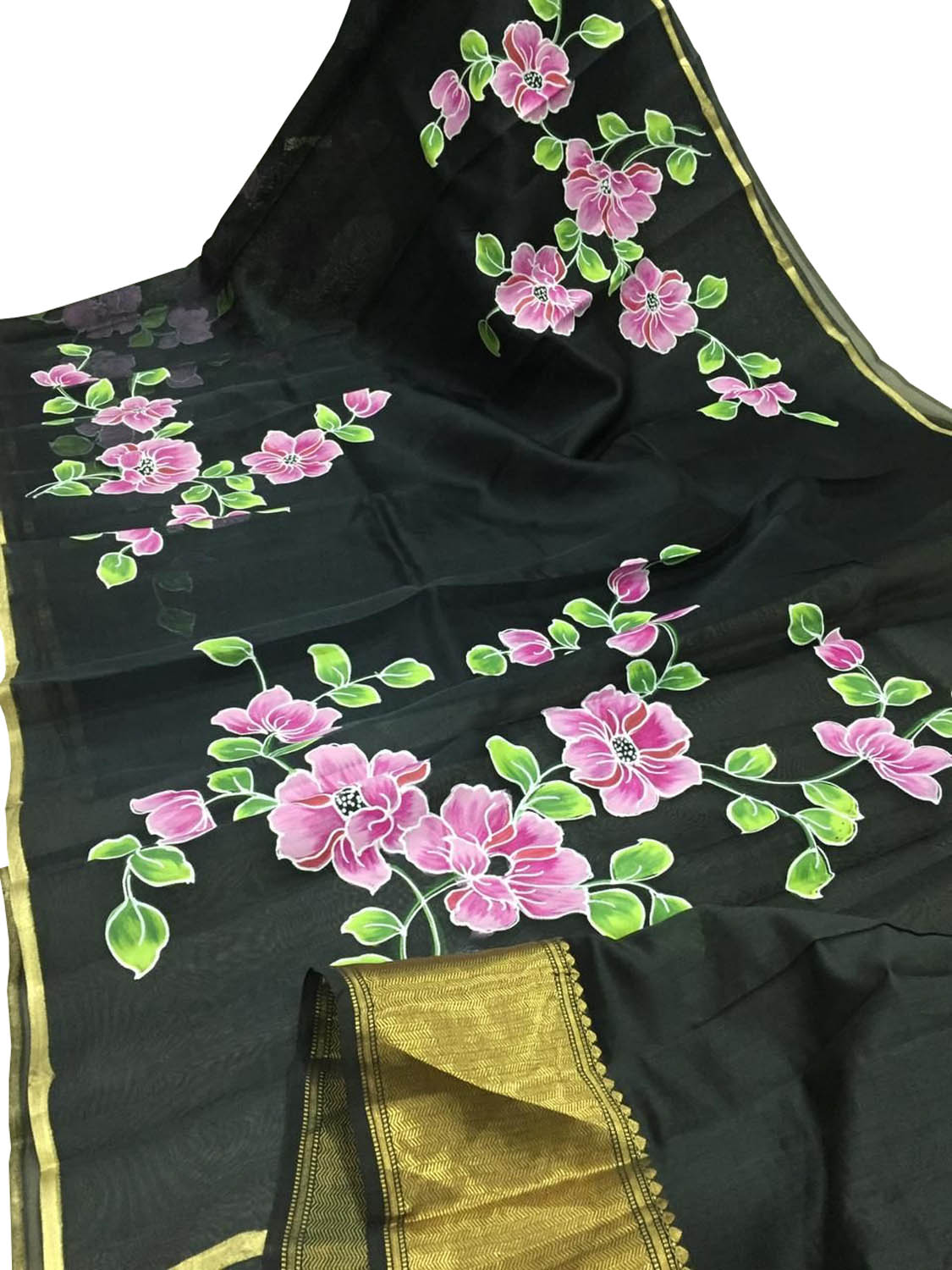 Stunning Black Organza Saree with Hand Painted Design and Zari Border - Luxurion World