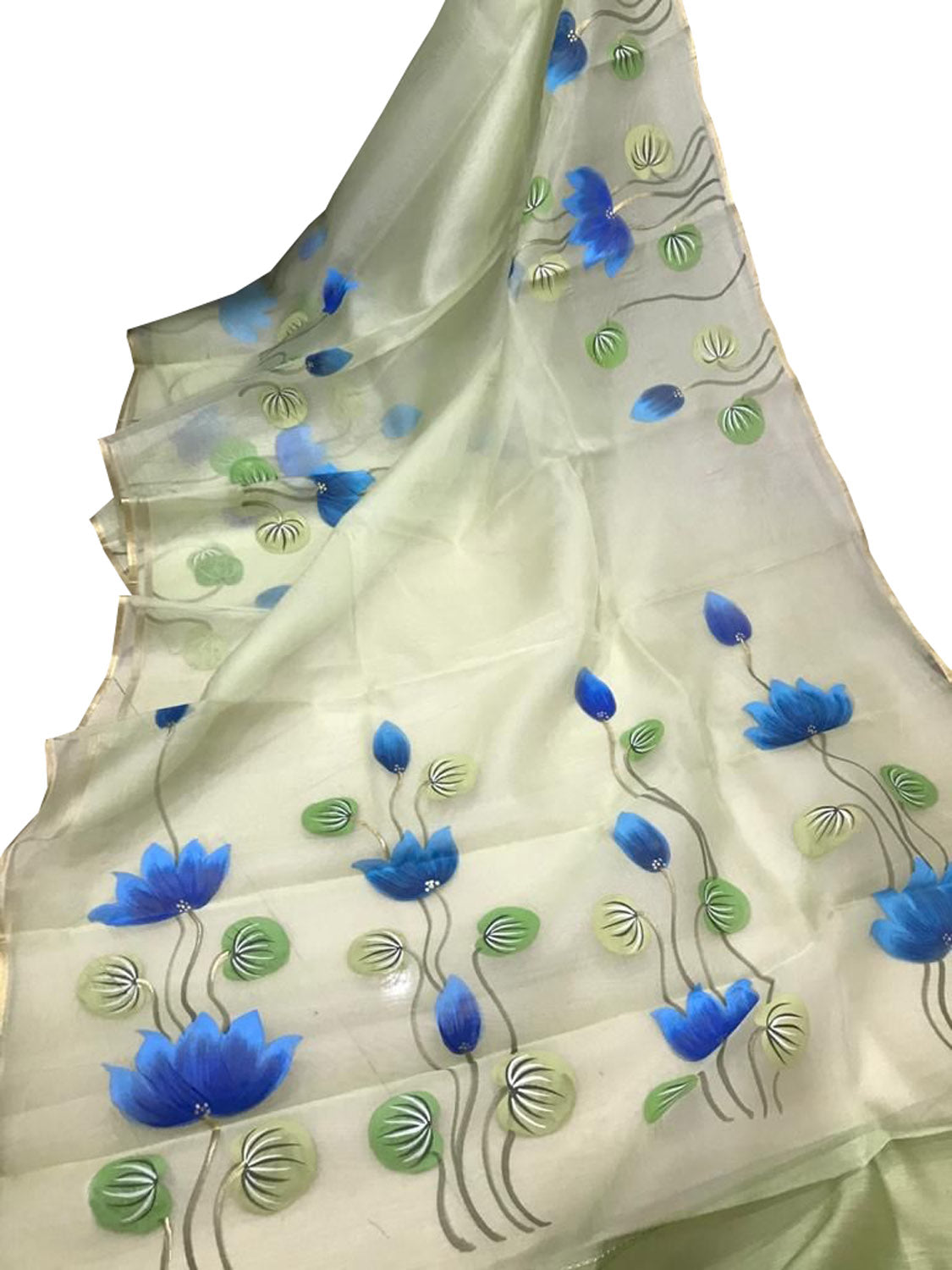 Stunning Green Organza Saree with Hand Painted Design and Zari Border - Luxurion World