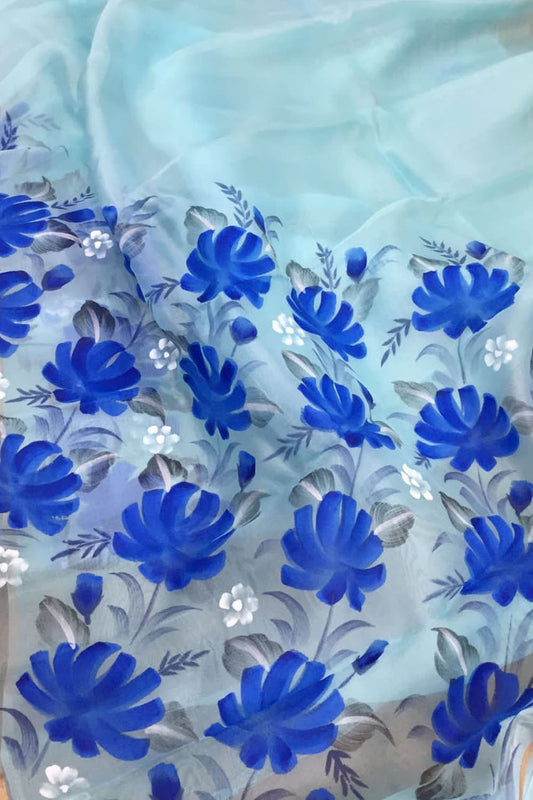 Stunning Blue Organza Saree with Hand Painted Design and Zari Border