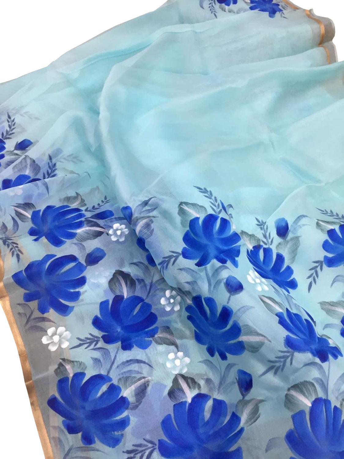 Stunning Blue Organza Saree with Hand Painted Design and Zari Border - Luxurion World