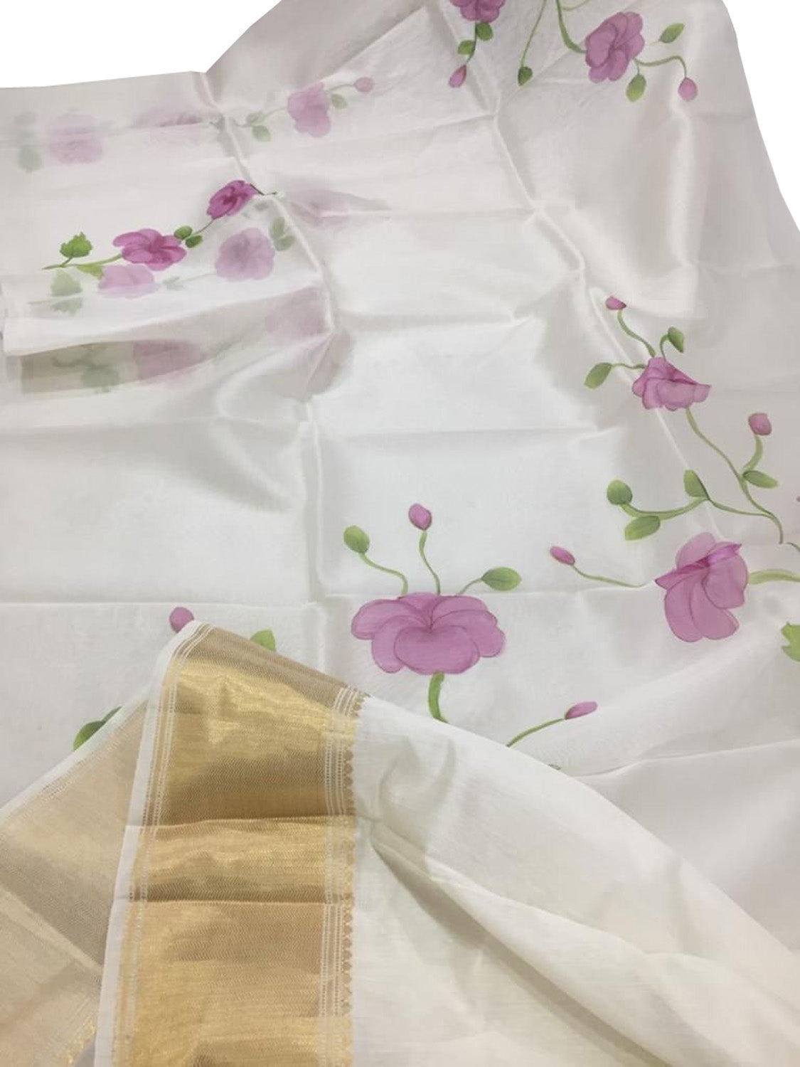 Hand Painted Off White Organza Saree with Zari Border - Pure Elegance - Luxurion World