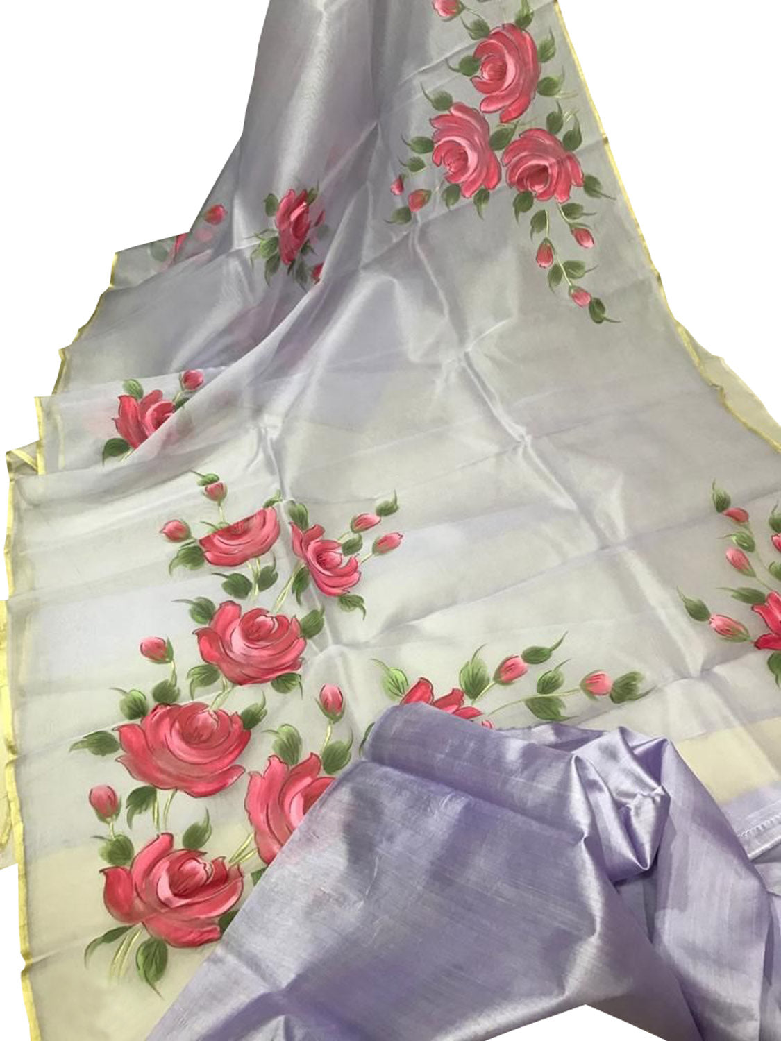 Exquisite Silver Hand-Painted Organza Saree with Zari Border - Luxurion World