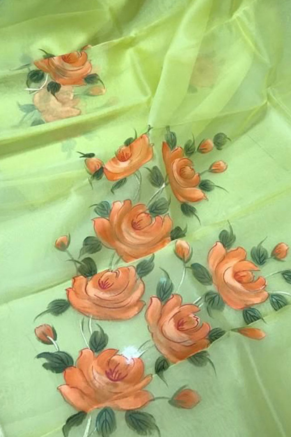 Stunning Green Organza Saree with Hand Painted Design and Zari ...