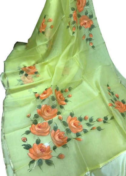 Stunning Green Organza Saree with Hand Painted Design and Zari Border - Luxurion World