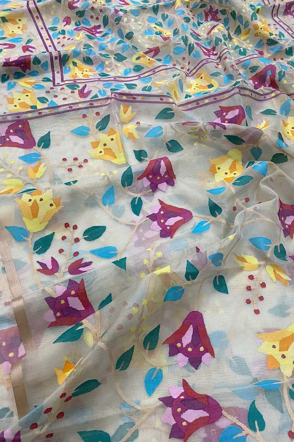 Multicolor Pure Handweaved Jamdani Muslin Meenakari Saree