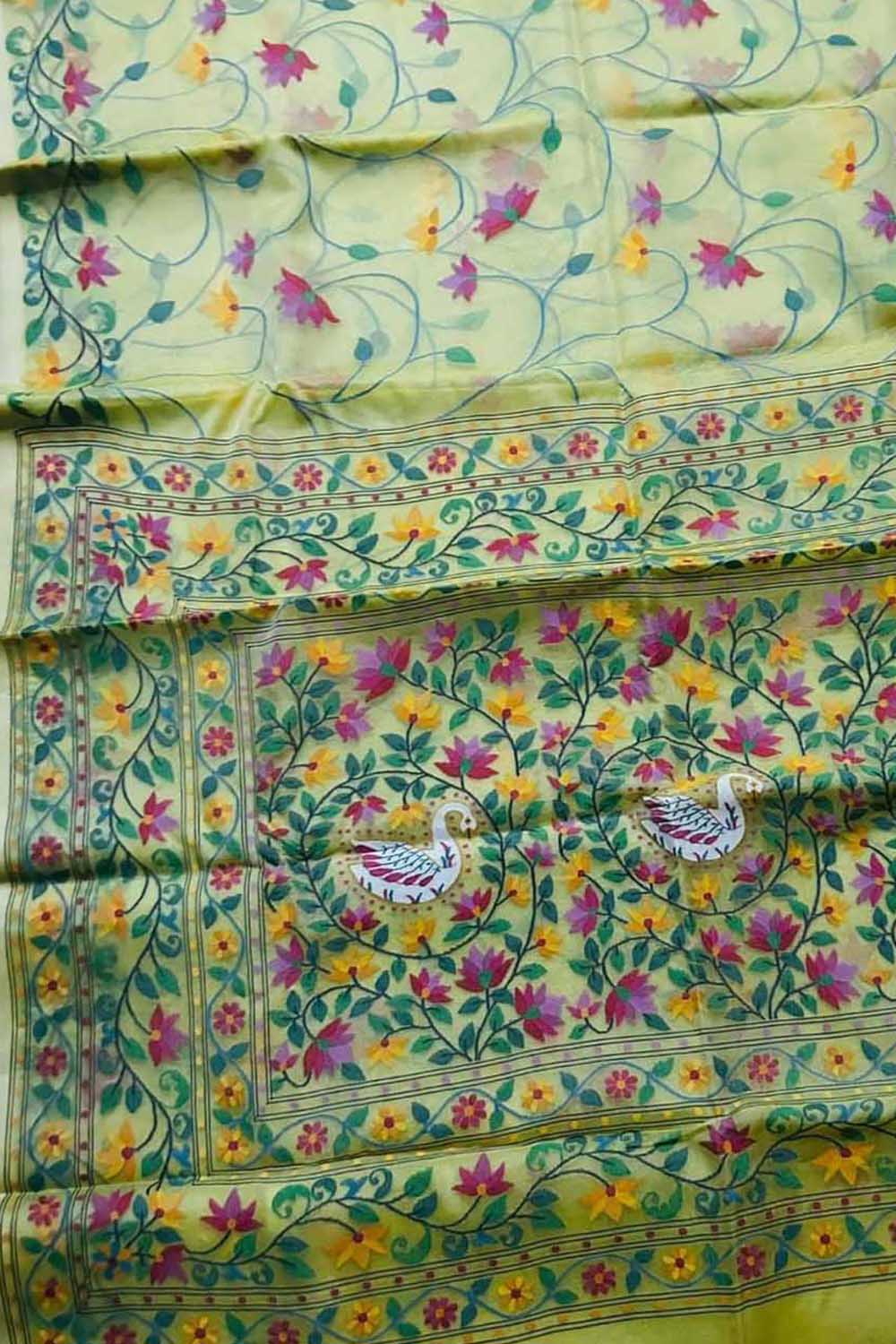 Yellow Pure Handweaved Muslin Jamdani Meenakari Saree