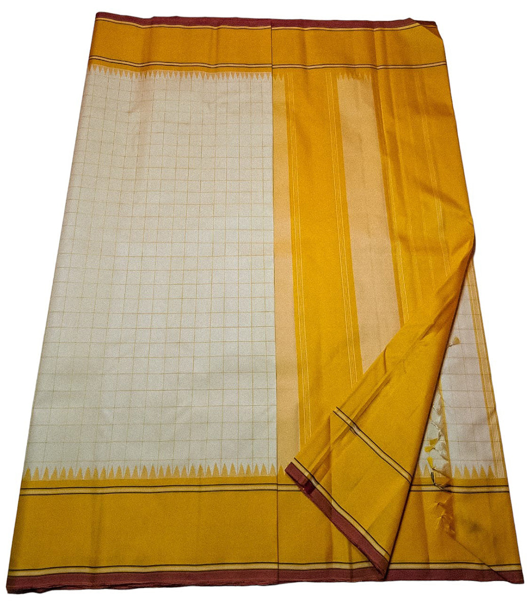 White And Yellow Kanjeevaram Handloom Pure Silk Saree - Luxurion World