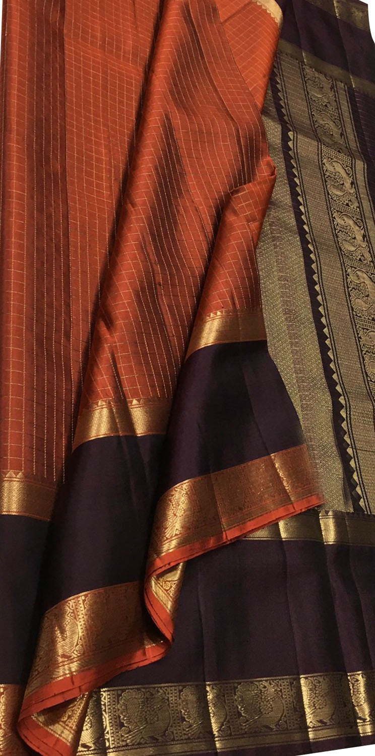 Orange Handloom Kanjeevaram Pure Silk Saree - Luxurion World