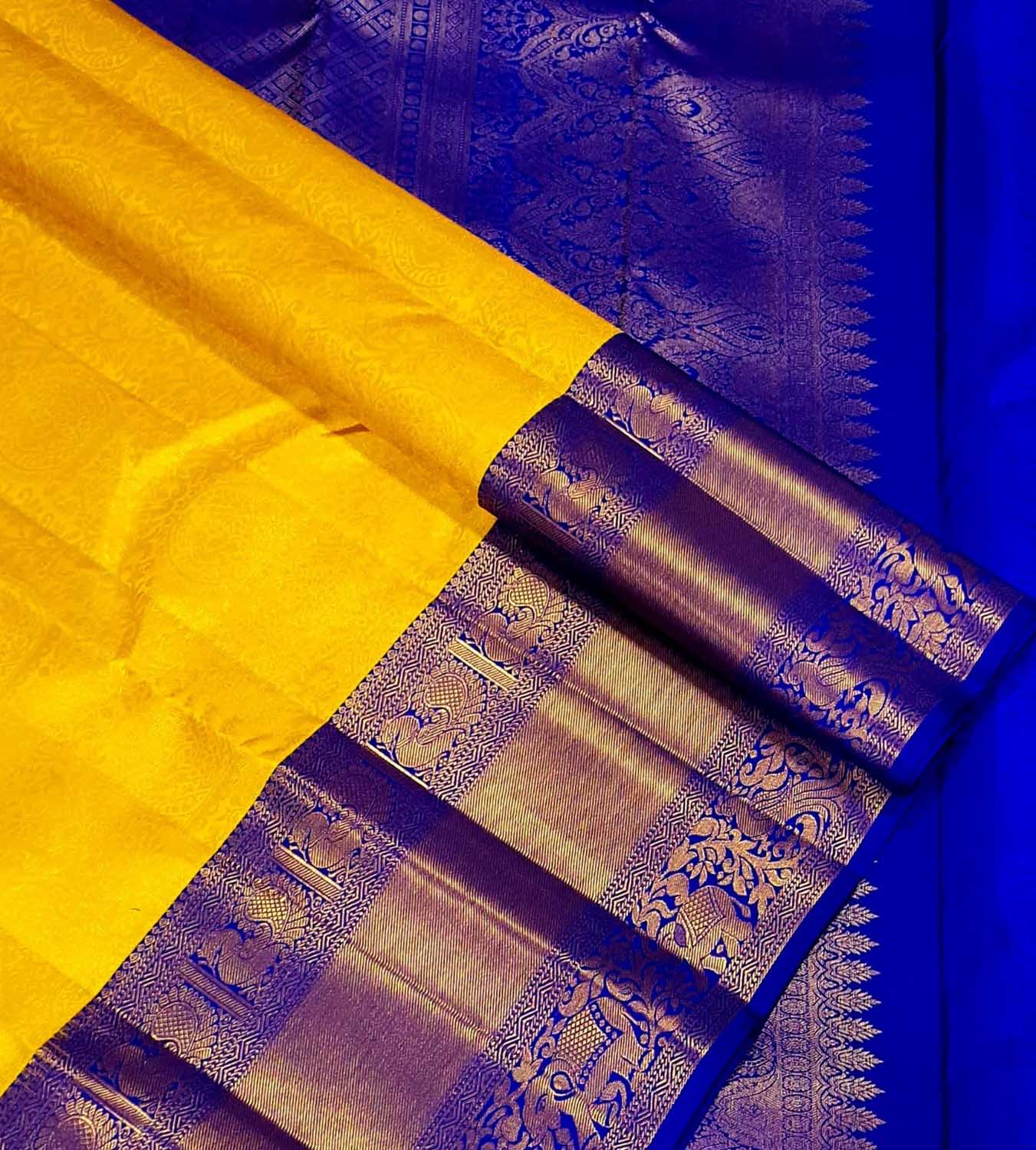 Yellow Pure Silk Kanjeevaram Handloom Korvai Saree - Luxurion World