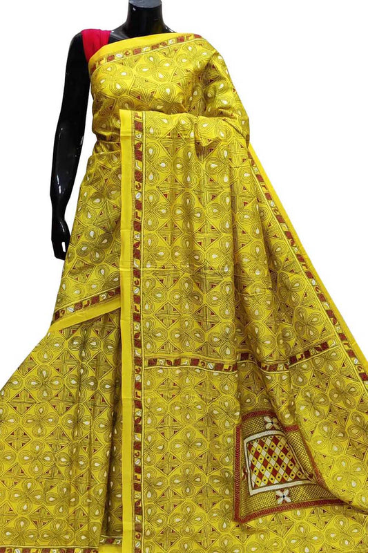 Exquisite Yellow Kantha Embroidered Bangalore Silk Saree