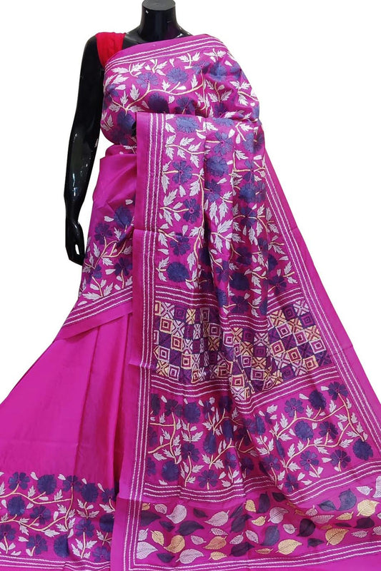 Exquisite Pink Kantha Embroidered Bangalore Silk Saree - Luxurion World