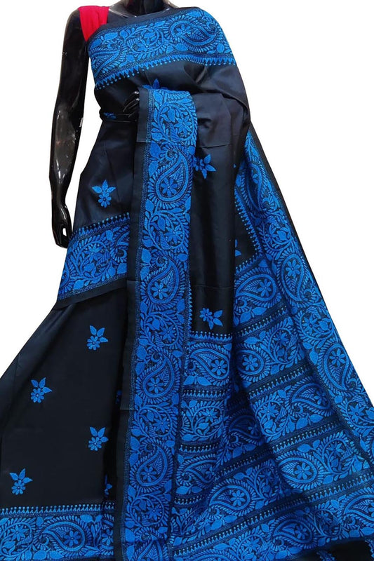 Exquisite Black Kantha Embroidered Bangalore Silk Saree