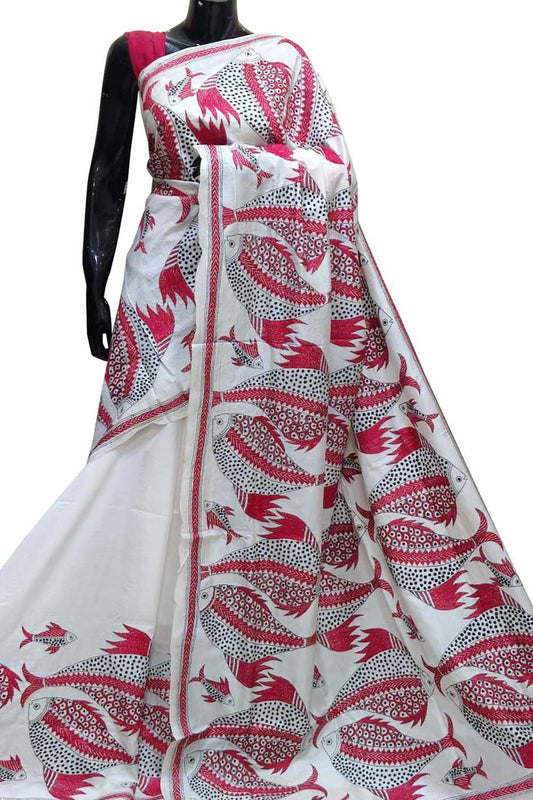 Exquisite White Kantha Embroidered Bangalore Silk Saree
