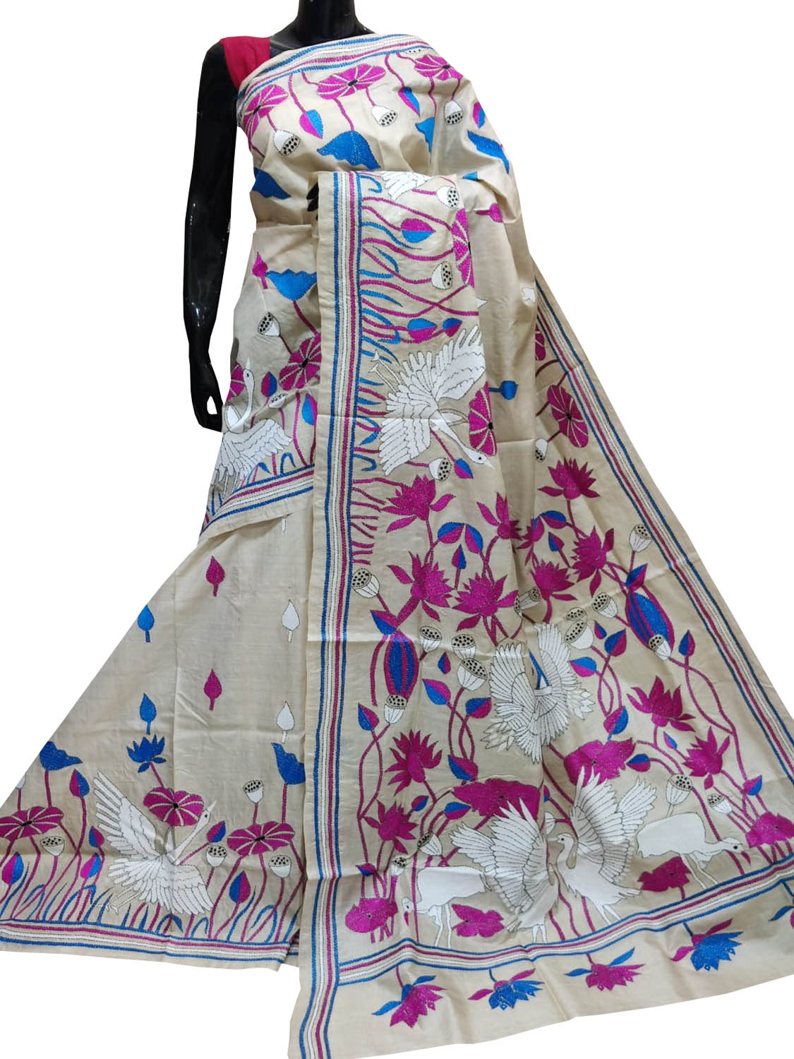 Pastel Kantha Hand Embroidered Pure Gachi Tussar Silk Saree - Luxurion World