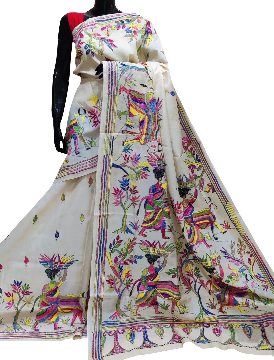 Pastel Kantha Hand Embroidered Pure Gachi Tussar Silk Saree - Luxurion World