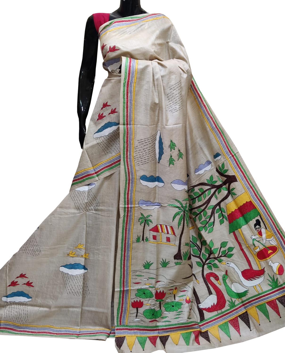 Pastel Kantha Hand Embroidered Pure Tussar Silk Saree - Luxurion World