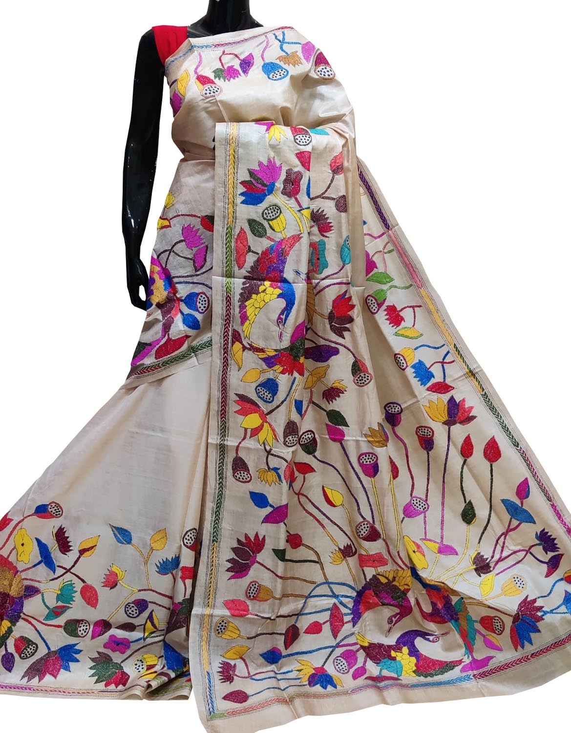 Pastel Kantha Hand Embroidered Pure Gachi Tussar Silk Saree - Luxurion World