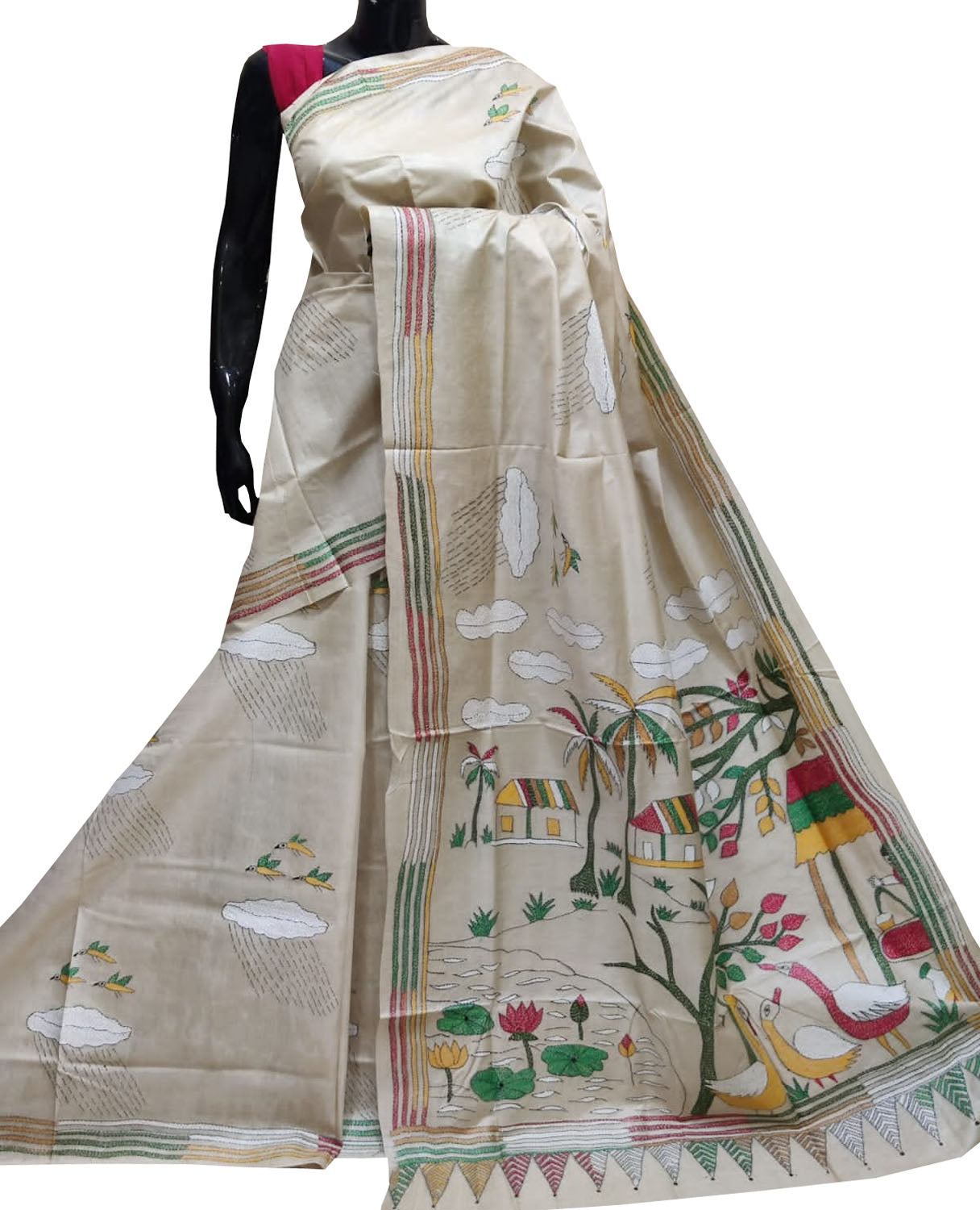 Pastel Kantha Hand Embroidered Pure Gachi Tussar Silk Saree - Luxurion World