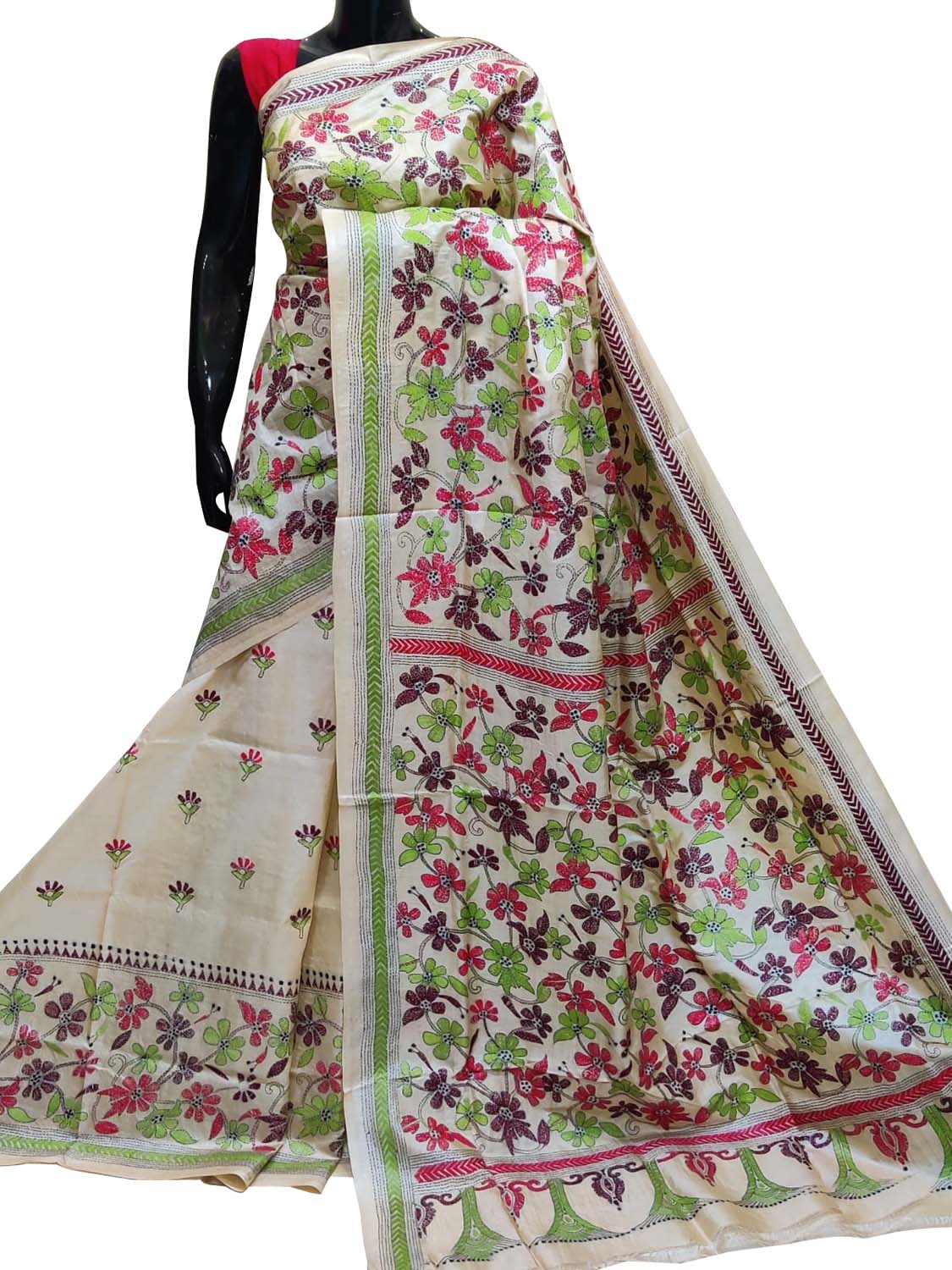 Off White Kantha Hand Embroidered Pure Tussar Silk Saree - Luxurion World