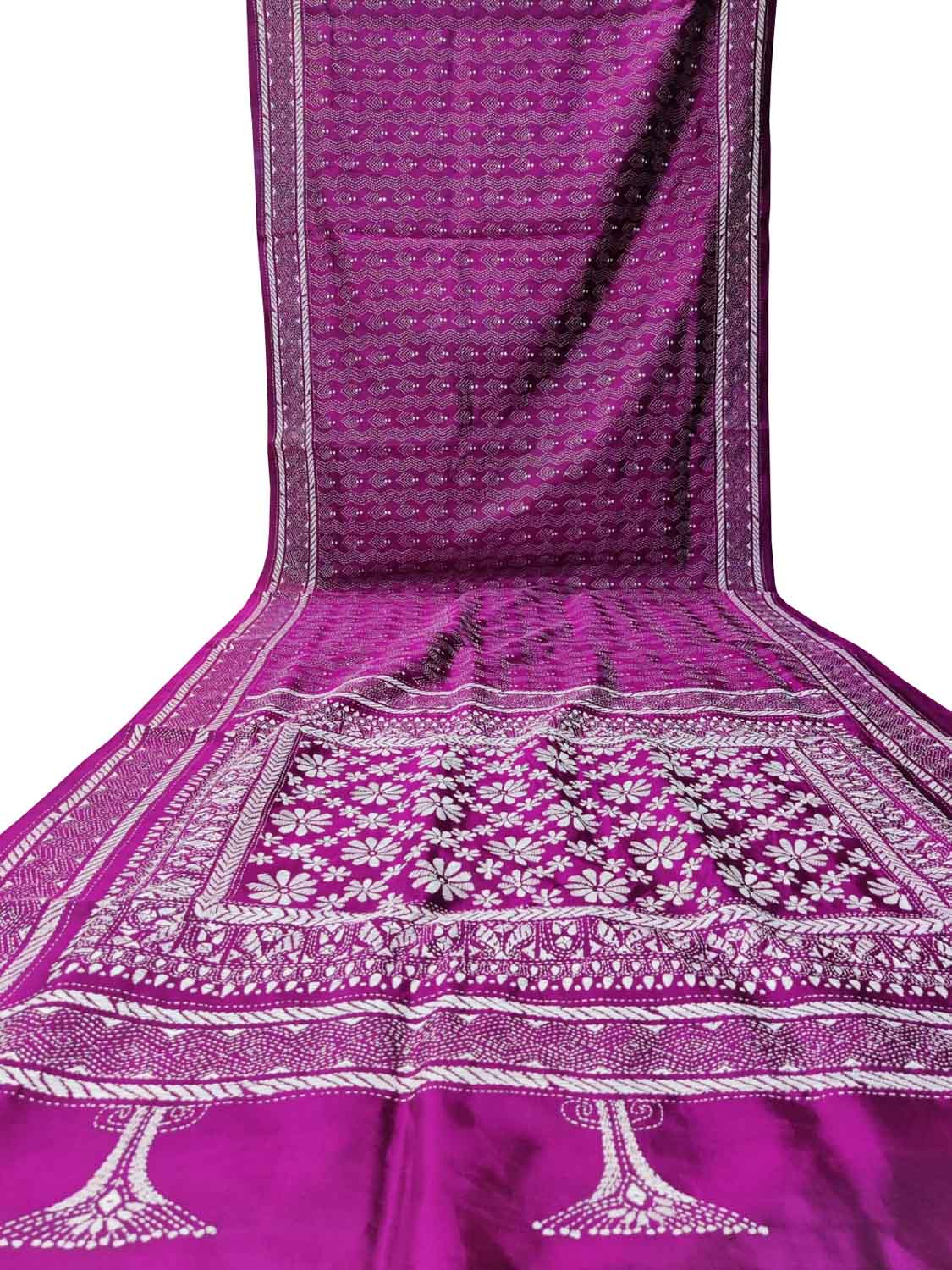 Exquisite Purple Kantha Work Bangalore Silk Saree - Luxurion World