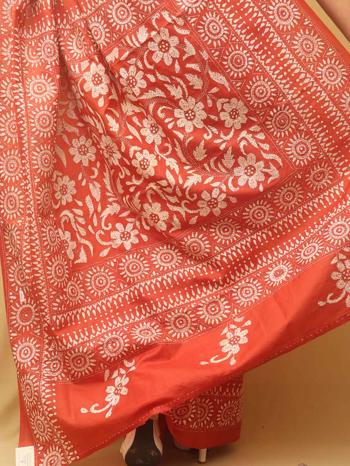 Orange Embroidered Kantha Pure Banglore Silk Saree - Luxurion World