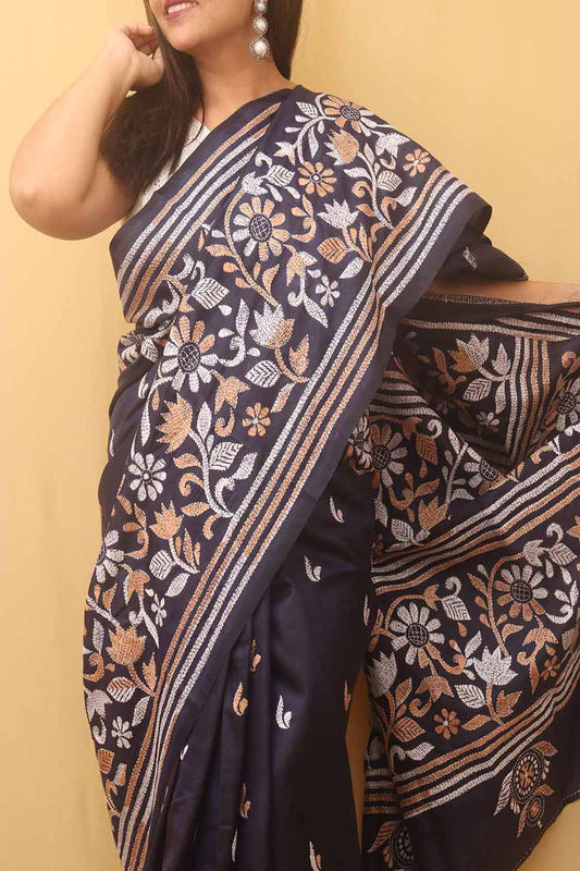 Blue Embroidered Kantha Pure Banglore Silk Saree - Luxurion World