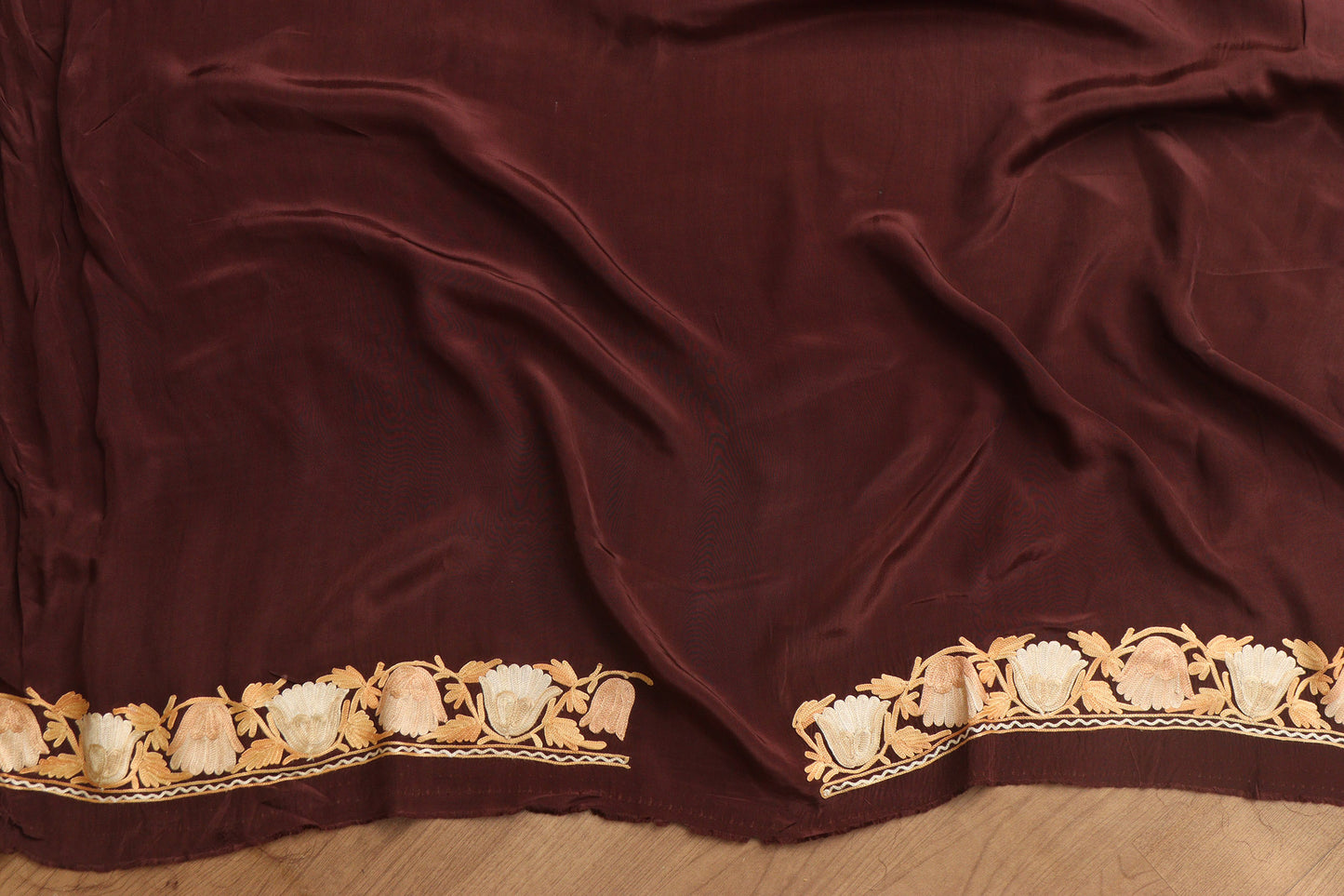 Brown Embroidered Kashmiri Aari Work Crepe Floral Design Saree - Luxurion World