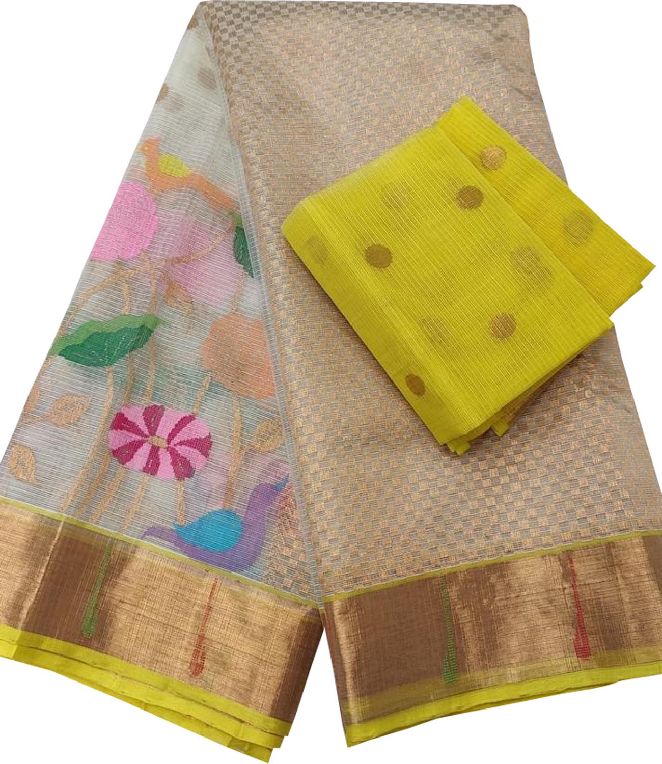 Stunning Off White and Yellow Kota Doria Saree with Real Zari Weaving - Luxurion World