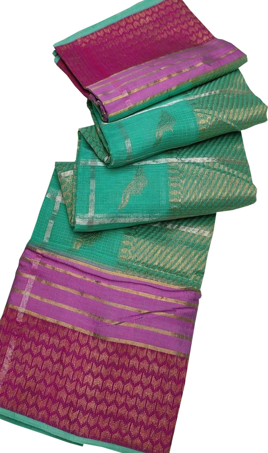 Green Kota Doria Handloom Saree with Real Zari Weaving - Luxurion World