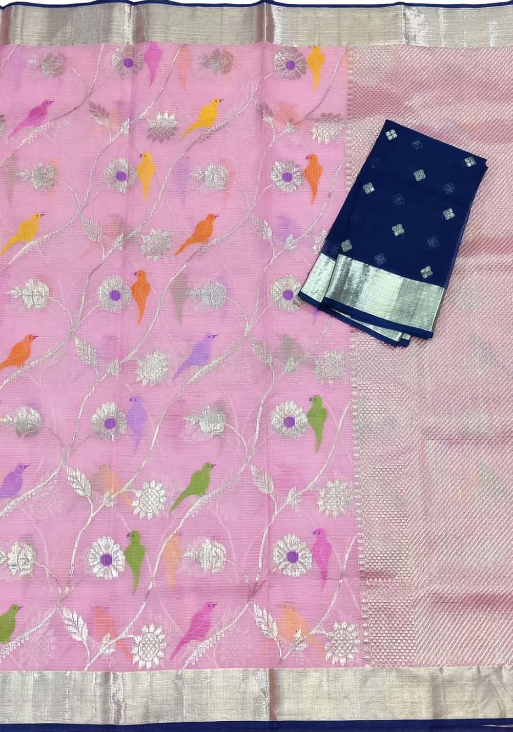 Pink And Blue Kota Doria Handloom Real Zari Saree - Luxurion World