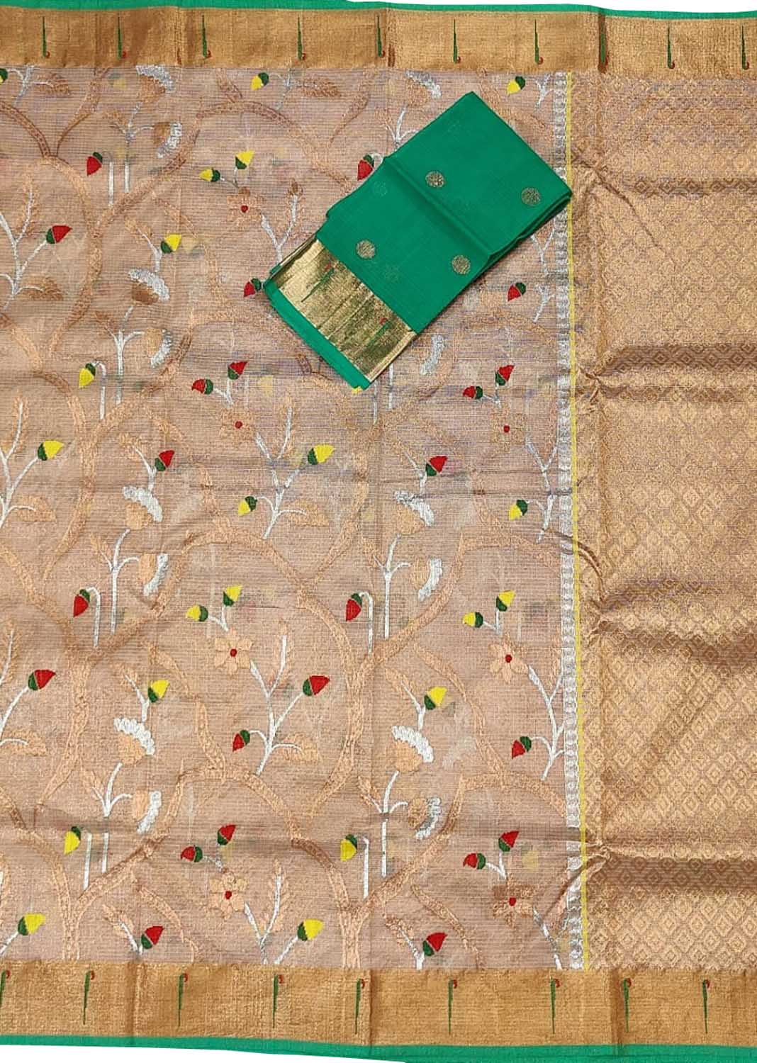 Pastel And Green Kota Doria Handloom Real Zari Tissue Saree - Luxurion World