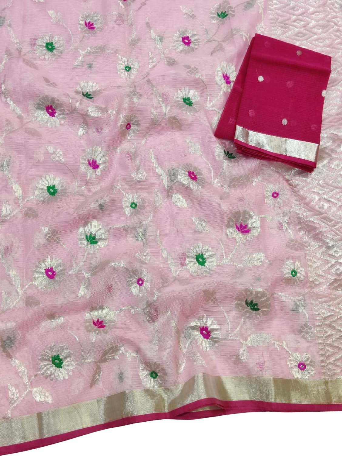 Pink And Red Kota Doria Handloom Real Zari Saree - Luxurion World