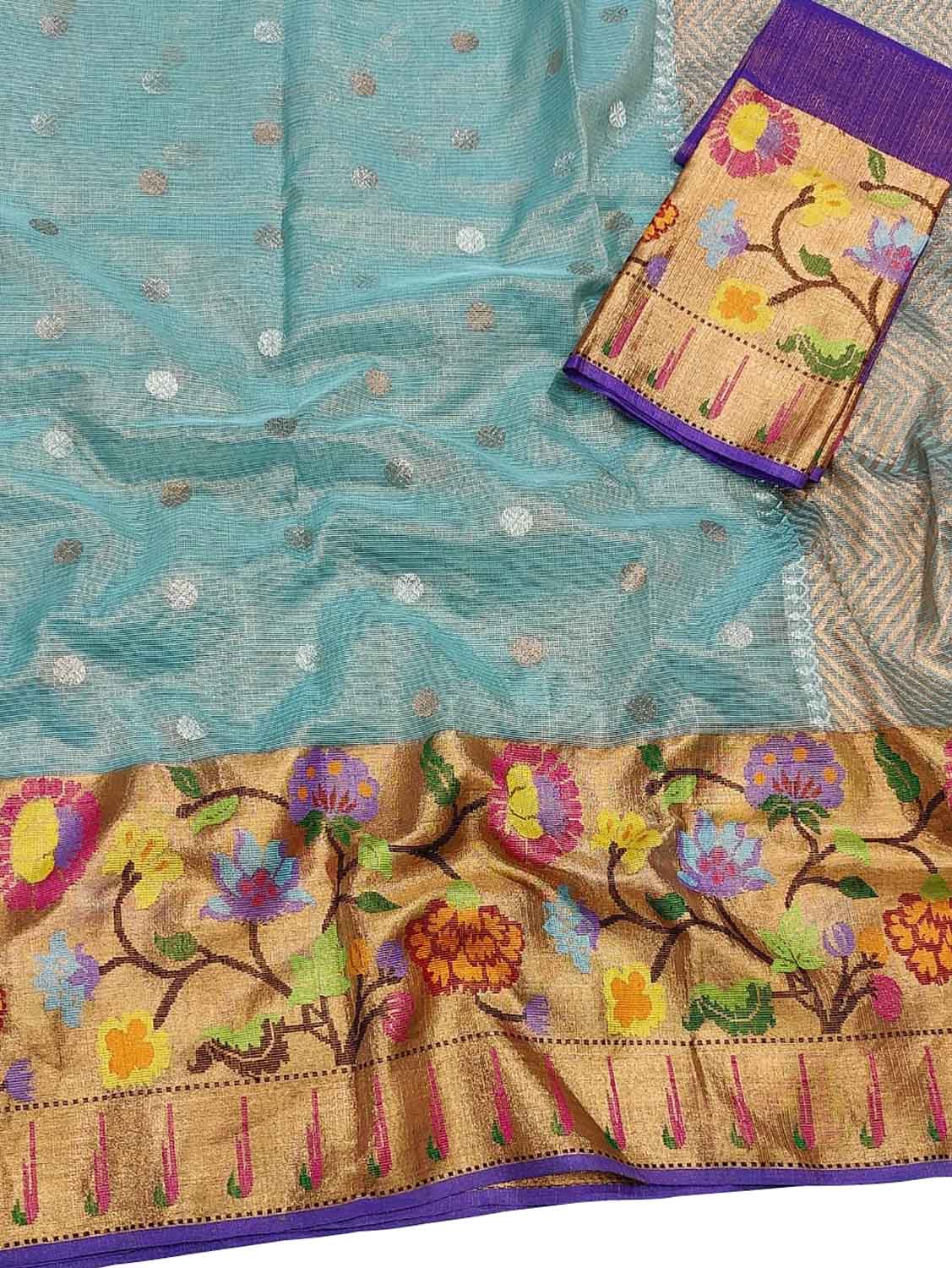 Blue Kota Doria Handloom Real Zari Saree - Luxurion World