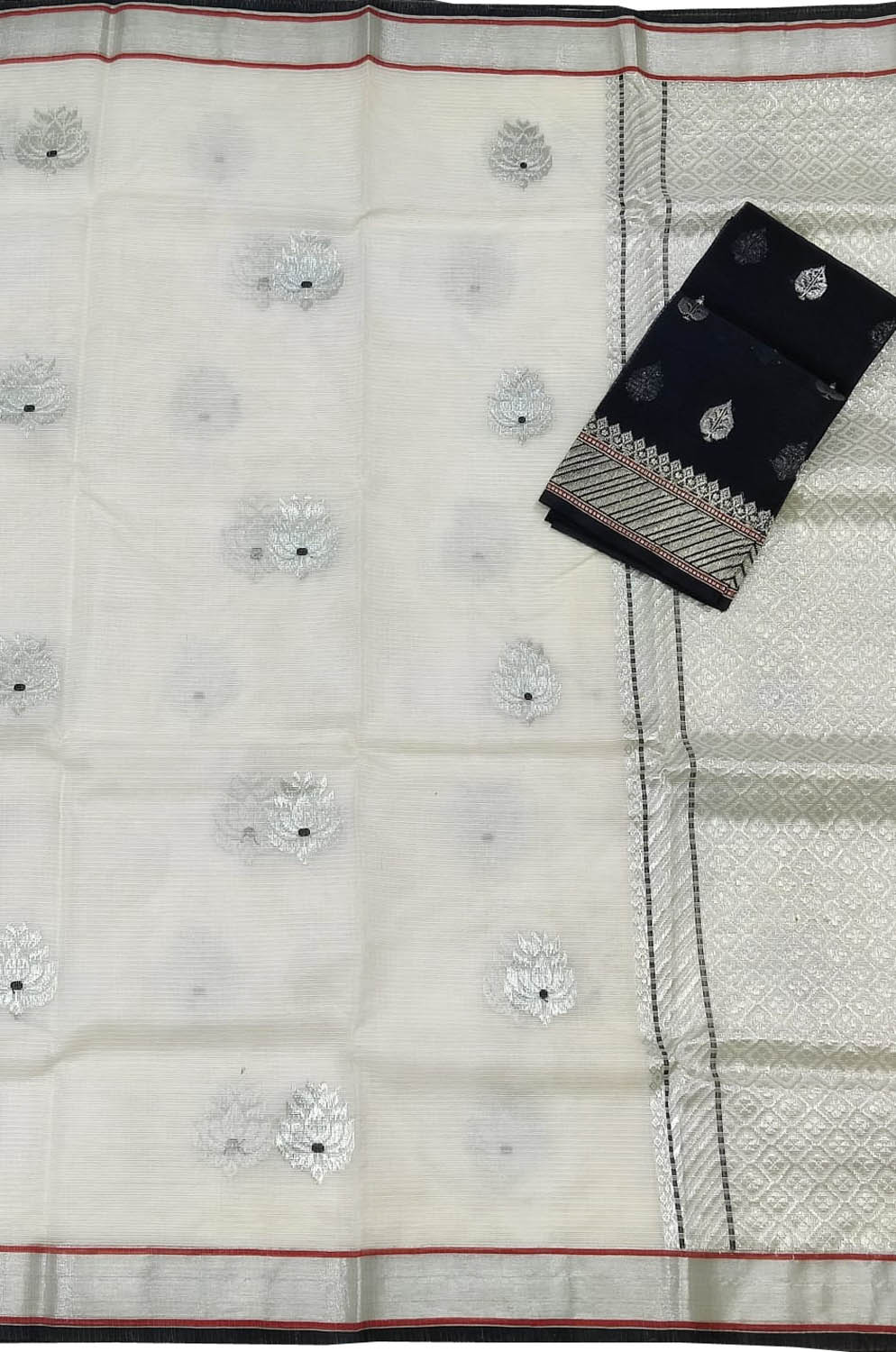 Off White And Black Kota Doria Handloom Real Zari Saree - Luxurion World