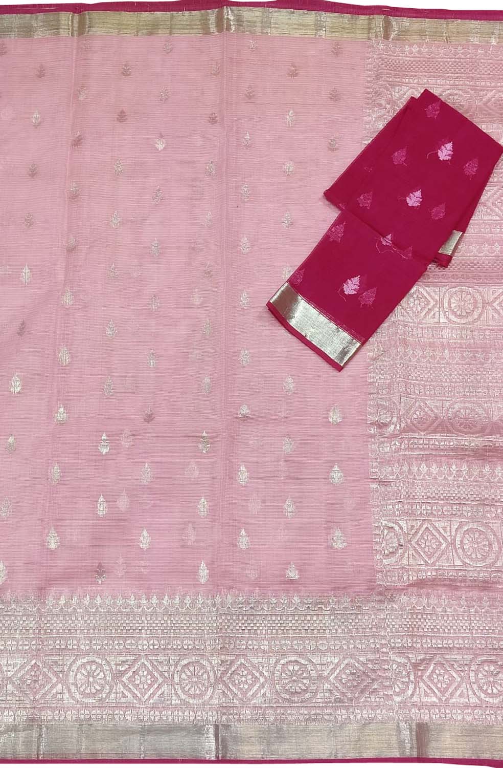 Pink And Red Kota Doria Handloom Real Zari Saree - Luxurion World