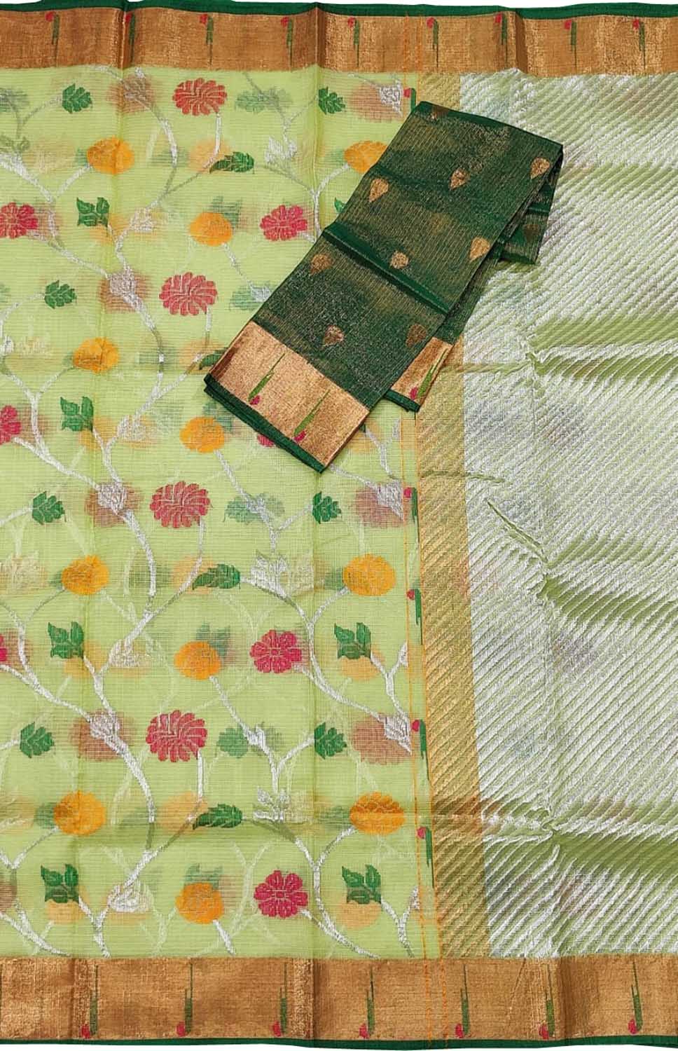 Green Kota Doria Handloom Real Zari Saree - Luxurion World