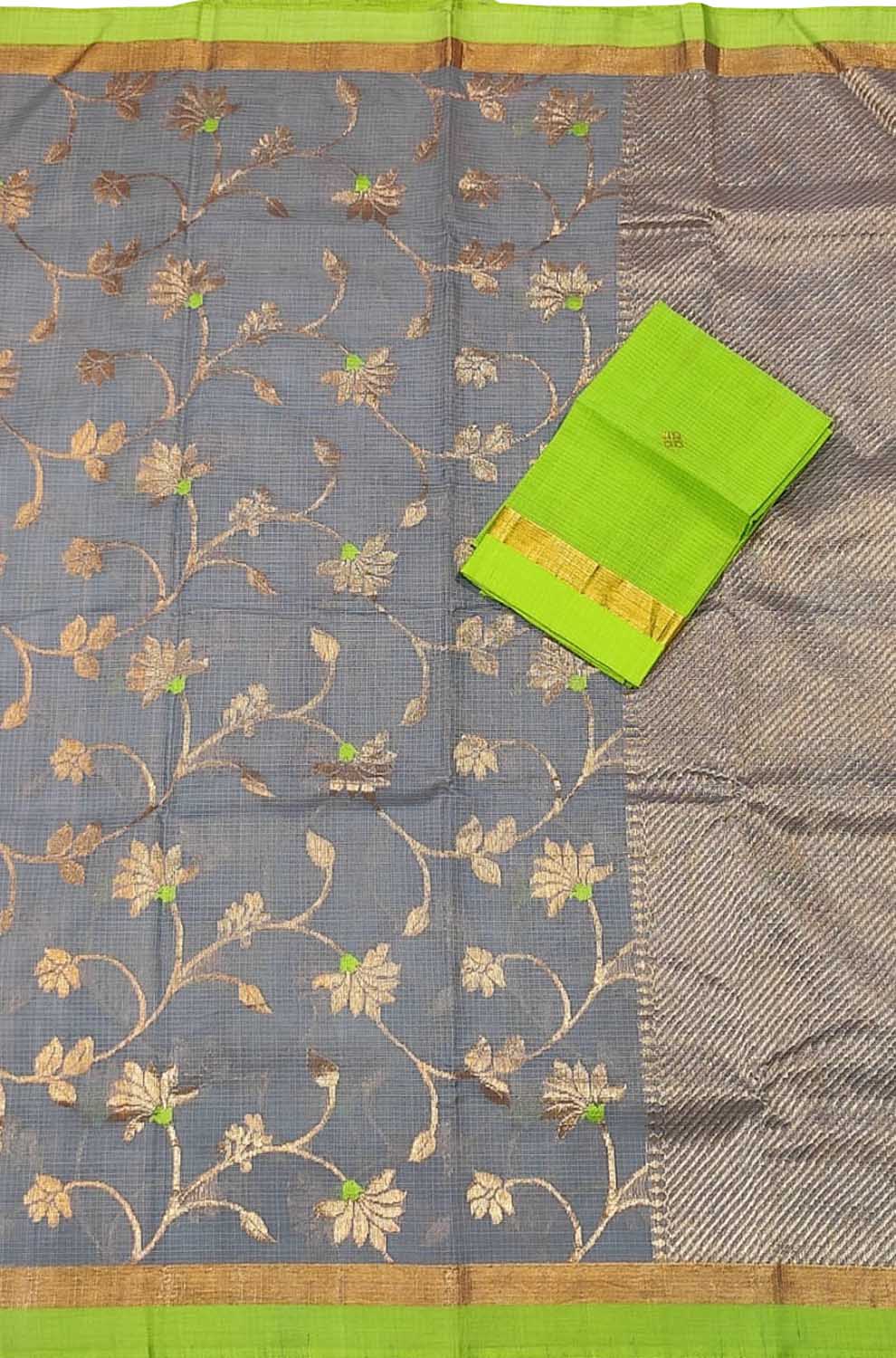 Grey And Green Kota Doria Handloom Real Zari Saree - Luxurion World