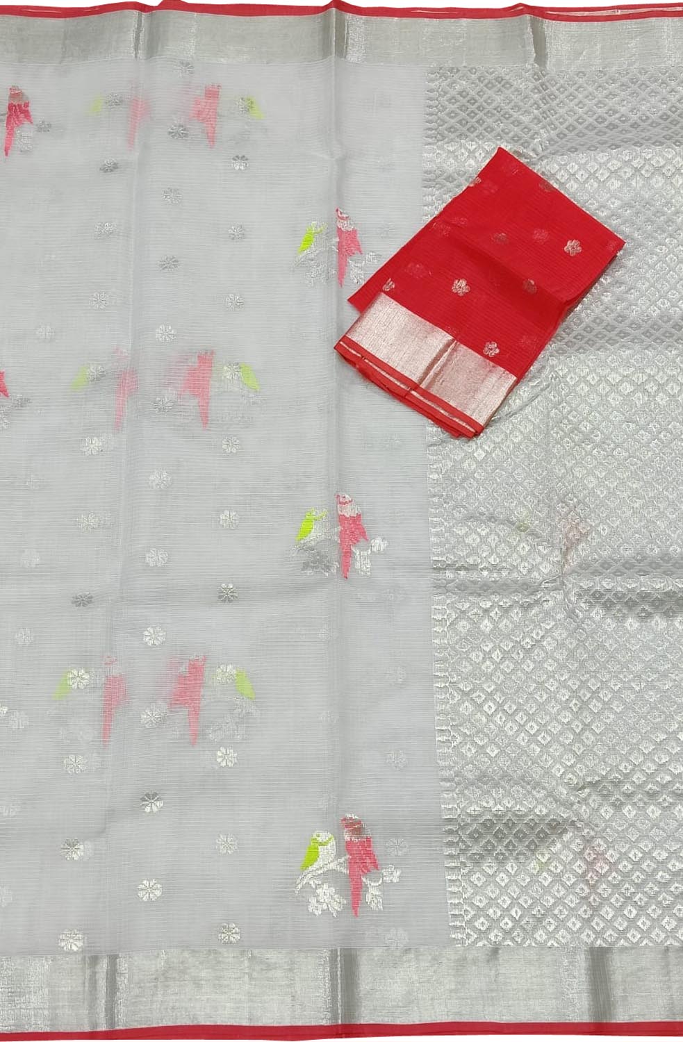 Grey And Red Kota Doria Handloom Real Zari Saree - Luxurion World