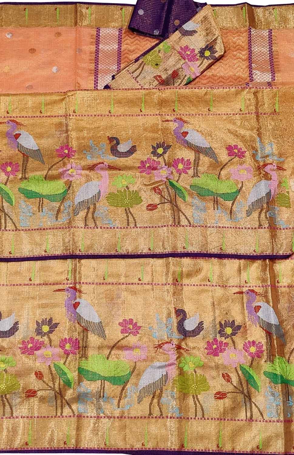 Orange And Purple Kota Doria Handloom Real Zari Tissue Saree - Luxurion World
