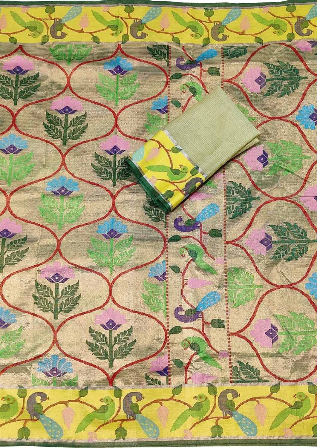 Green Kota Doria Handloom Real Zari Tissue Saree - Luxurion World