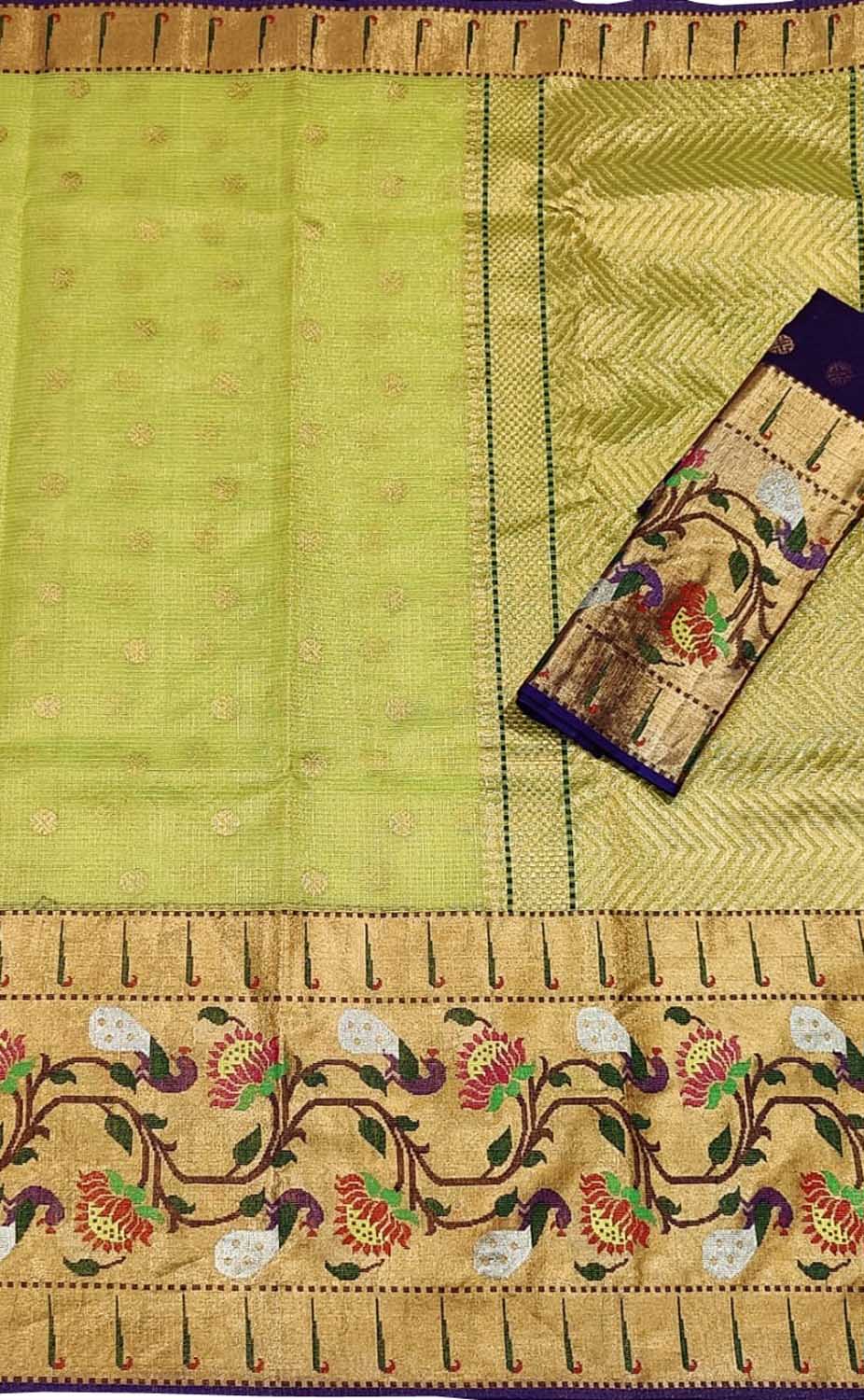 Green And Blue Kota Doria Handloom Real Zari Tissue Saree - Luxurion World