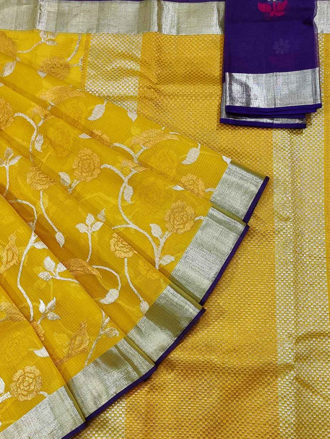Yellow And Blue Kota Doria Handloom Real Zari Saree - Luxurion World