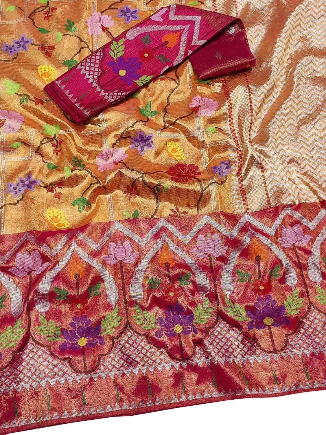 Golden & Red Kota Doria Zari Saree - Handloom Tissue - Luxurion World