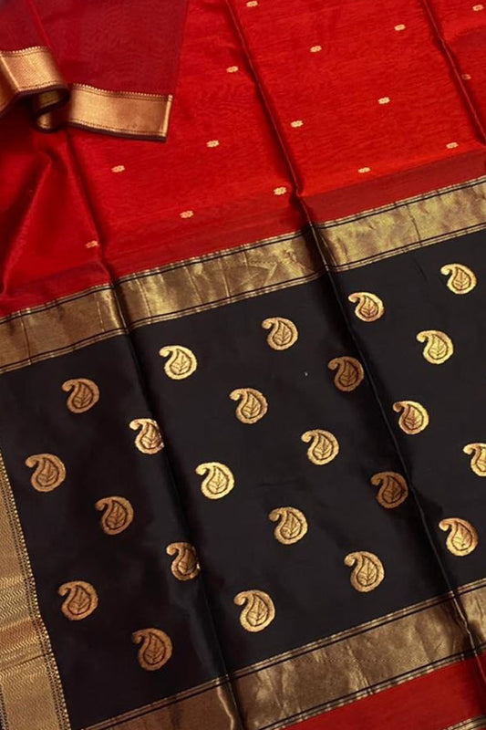 Red And Black Maheshwari Handloom Cotton Silk Saree - Luxurion World
