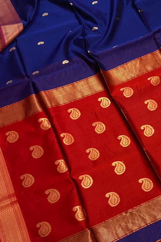 Blue And Red Maheshwari Handloom Cotton Silk Saree - Luxurion World