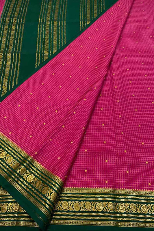 Stunning Pink & Green Mysore Silk Saree - Handloom Crepe - Luxurion World