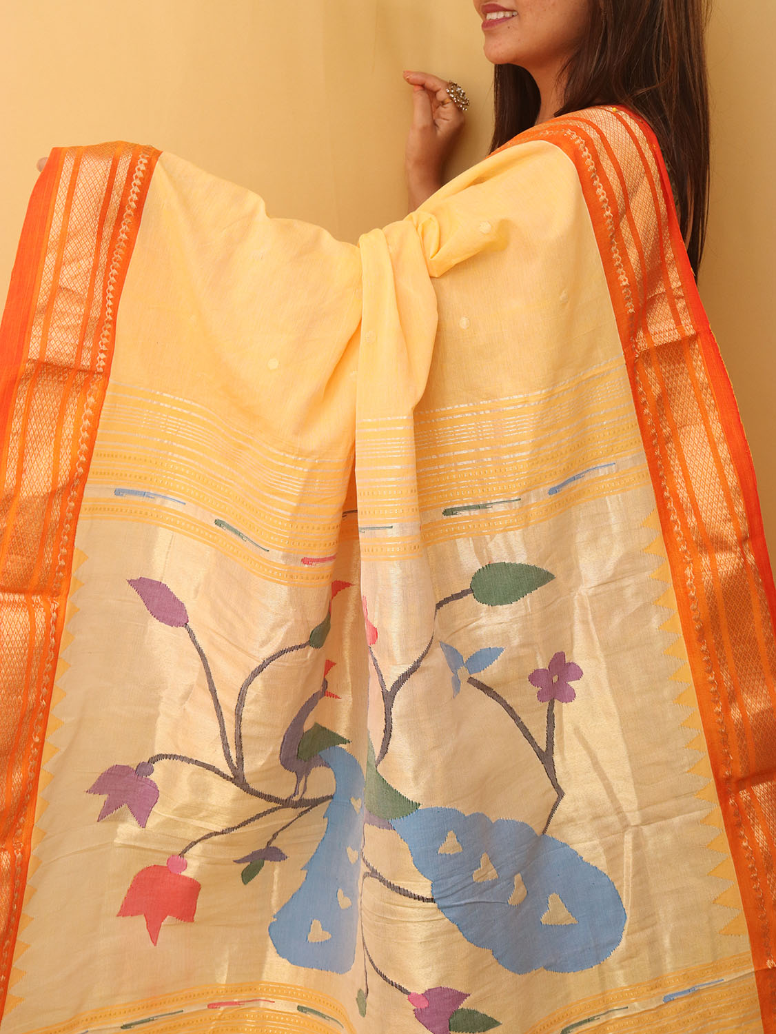 Yellow And Orange Handloom Paithani Pure Cotton Peacock Design Saree - Luxurion World