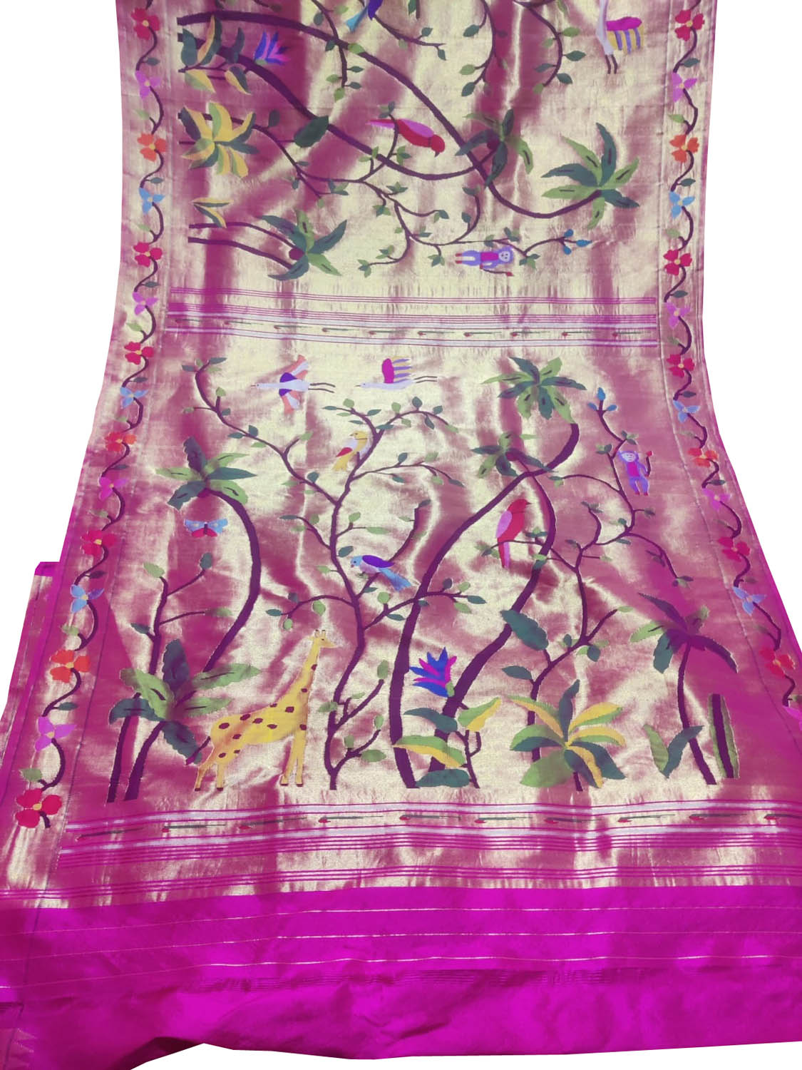 Silver Pink Pure Silk Handwoven Brocade Paithani Saree - Luxurion World