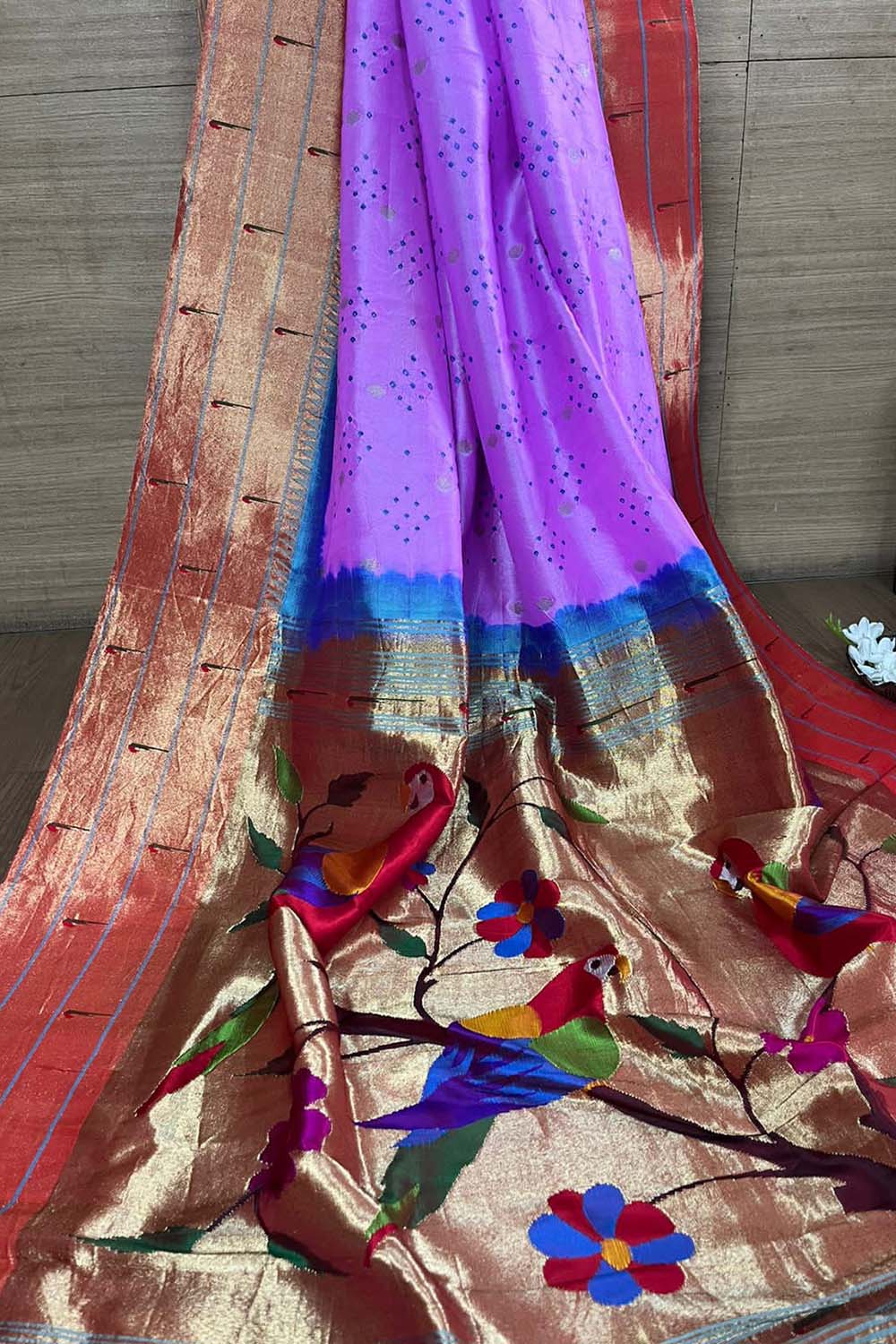 Elegant Pinkish Purple Paithani Pure Silk Triple Muniya Border With Hand Bandhej Saree - Luxurion World