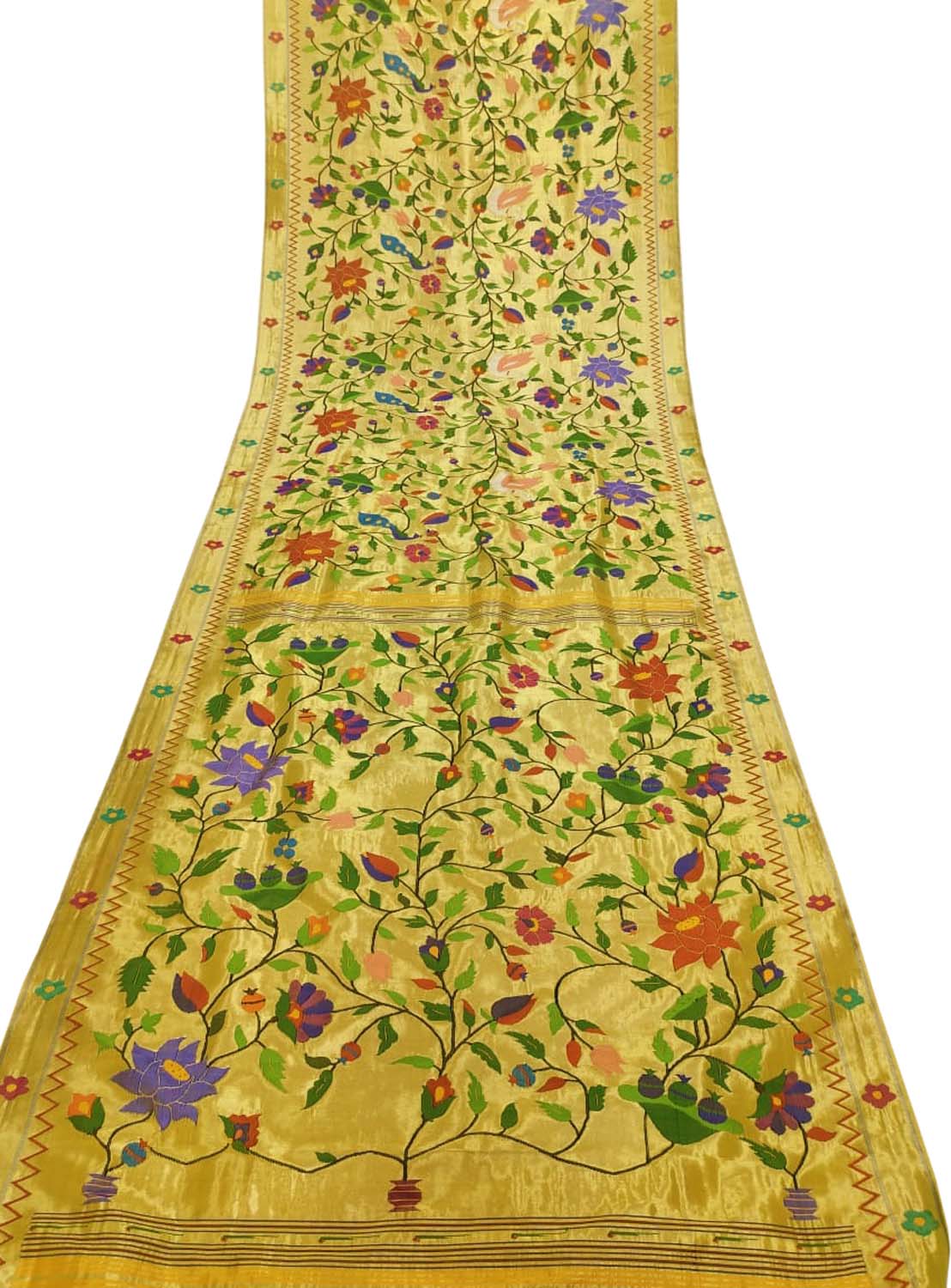 Yellow Paithani Handloom Brocade Pure Silk Flower Design Saree - Luxurion World